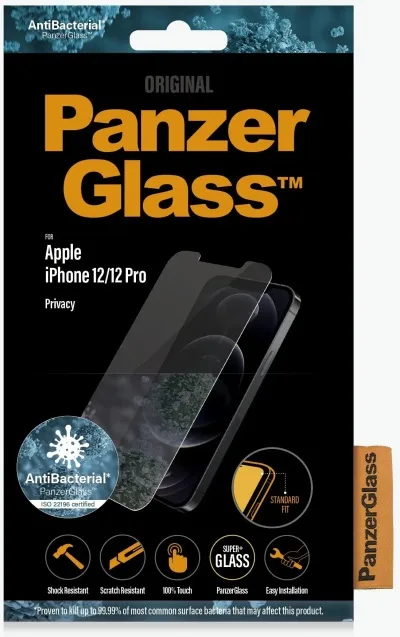 PanzerGlass iPhone 12 / 12 Pro öryggisgler með skjásíu - Svart