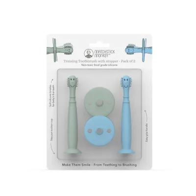 MATCHSTICK MONKEY - Æfingatannbursti mint grænn og blár 2 stk.