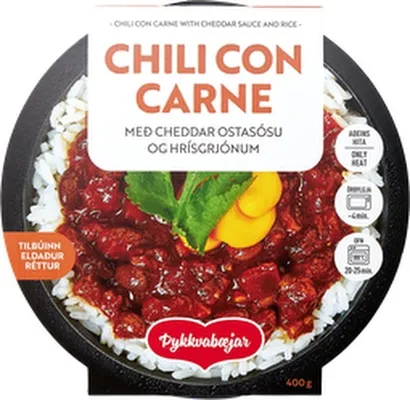 Þykkvabæjar Chili con carne með cheddarosti og hrísgrjónum