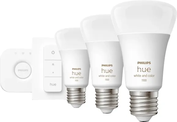 Philips Hue White og Color Ambiance E27 sett (3 perur + Hue tengistöð + Dimmir)