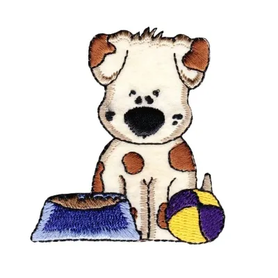 Bætur til straujunar, mismunandi stærðir og myndir - Hvolpur með skál & bolta 2 1/4″B X 2 1/2″H