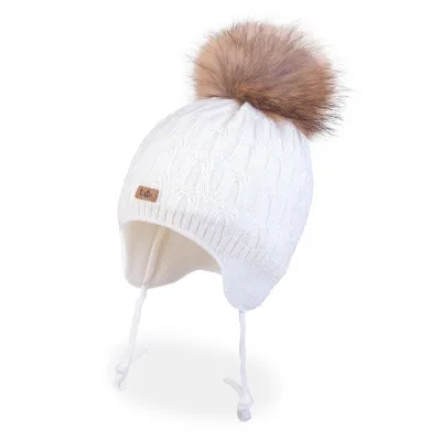 Húfa með dúsk - Merino ull - Hvít / 44 - 48 12-24 mánaða