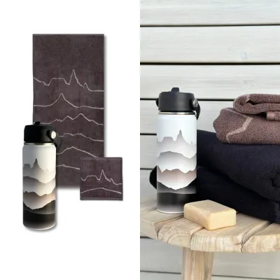 Gjafapakki – Brúnt Baðhandklæði, þvottastykki og stálbrúsi