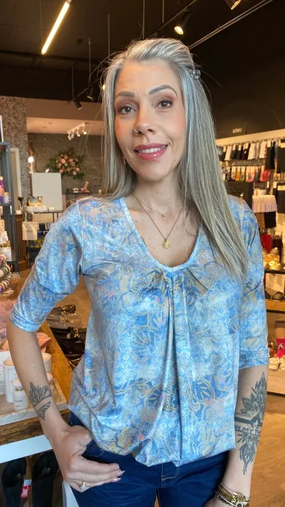 Blámunstraður bolur með stroffi að neðan - 2 (38-40)