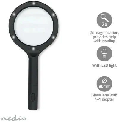 Nedis stækkunargler m. ljósi - Svart