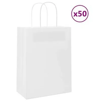 vidaXL Pappírspokar 50 stk með Handföngum Hvítir 21x11x28 cm